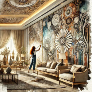 Modern iç mekanda dekoratif sanat eserleriyle süslenmiş şık bir duvar görünümü