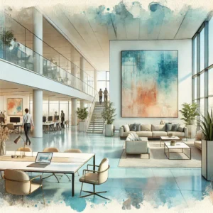 Ofis duvarında sergilenen renkli dekoratif sanat eseri çalışan ortamını canlandırıyor