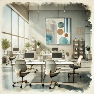 Modern bir ofiste duvarda sergilenen sanatsal dekoratif görseller